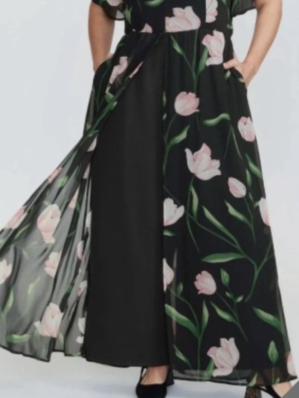 Bloomchic Size 28 5X Hidden Zipper Floral Layered Jumpsuit Black with Pockets
